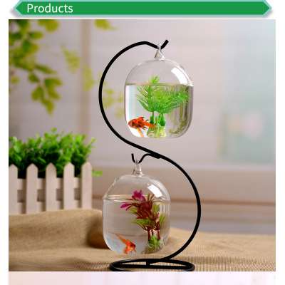 Decorative desktop mini aquarium ecological hanging iron frame round glass transparent betta fish tank